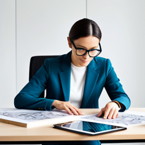 Home 19 A professional fashion designer, fully clothed in a modest, stylish business casual outfit, is seated at a clean, well-lit modern design studio desk. They are meticulously reviewing a comprehensive physical design portfolio filled with high-quality technical sketches and professionally photographed garments. Fabric swatches and a digital tablet displaying design concepts are neatly arranged on the desk. The studio background is bright and organized, reflecting a creative workspace. This image should have perfect anatomy, correct proportions, well-formed hands, and a natural pose. The overall style is professional photography, high resolution, with soft, inviting lighting. safe for work, appropriate content, fully clothed, professional dress.