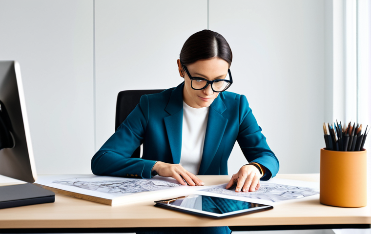 A professional fashion designer, fully clothed in a modest, stylish business casual outfit, is seated at a clean, well-lit modern design studio desk. They are meticulously reviewing a comprehensive physical design portfolio filled with high-quality technical sketches and professionally photographed garments. Fabric swatches and a digital tablet displaying design concepts are neatly arranged on the desk. The studio background is bright and organized, reflecting a creative workspace. This image should have perfect anatomy, correct proportions, well-formed hands, and a natural pose. The overall style is professional photography, high resolution, with soft, inviting lighting. safe for work, appropriate content, fully clothed, professional dress.