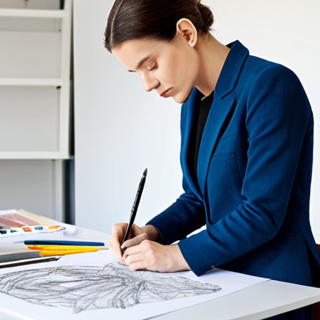 패션디자인 전공자의 직무 전환 팁 - "A professional fashion designer in a bright, modern studio, sketching designs at a drafting table, ...