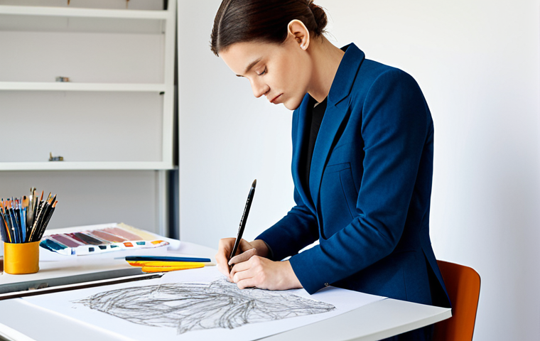 패션디자인 전공자의 직무 전환 팁 - "A professional fashion designer in a bright, modern studio, sketching designs at a drafting table, ...