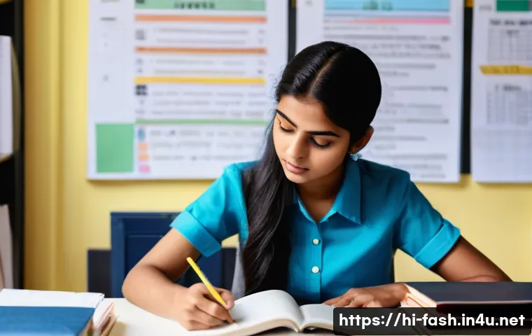 패션디자인 자격증 필기 공부법 - A focused Indian female student sitting at a modern study desk surrounded by textbooks on fashion de...