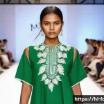 패션디자인 해외 트렌드 연구 - A contemporary sustainable fashion runway scene featuring diverse models wearing eco-friendly fabric...