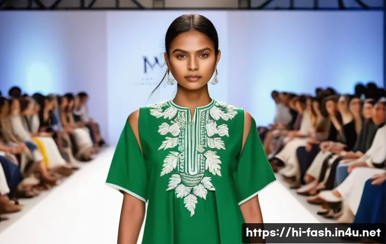 패션디자인 해외 트렌드 연구 - A contemporary sustainable fashion runway scene featuring diverse models wearing eco-friendly fabric...