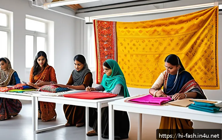 패션디자인 해외 워크숍 체험기 - A vibrant international fashion workshop scene showing diverse designers and artists from multiple c...