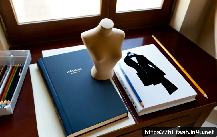 Home 17 패션디자인 공부에 필요한 책 추천 - Photorealistic overhead view of a fashion design student’s organized desk, featuring several unbrand...