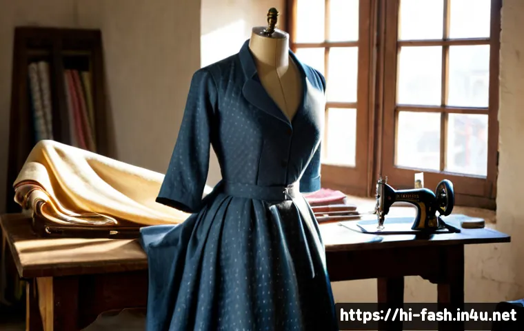 패션디자인 산업 발전의 역사 - Photorealistic fashion design history scene in a sunlit heritage atelier, a skilled designer wearing...