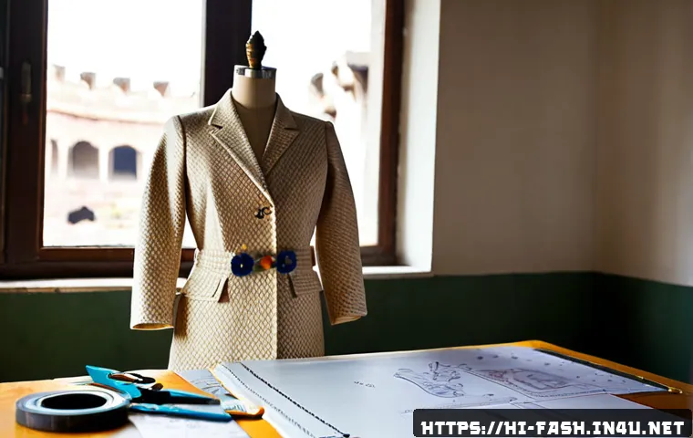 패션디자인 의류 제작 과정 상세 분석 - Photorealistic fashion design studio scene showing a skilled adult designer’s hands sketching a garm...